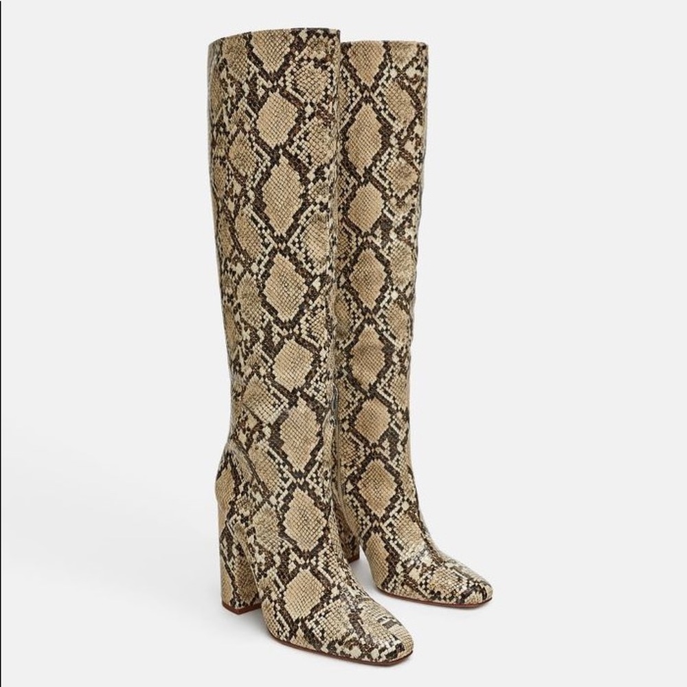 Zara high knee heeled snake boots